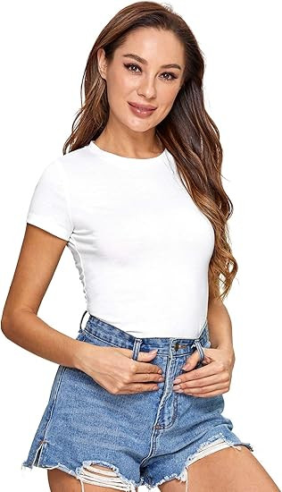 SheIn Women's Solid Basic Tee Round Neck Short Sleeve Slim Fit T-Shirt Tops | Amazon (US)