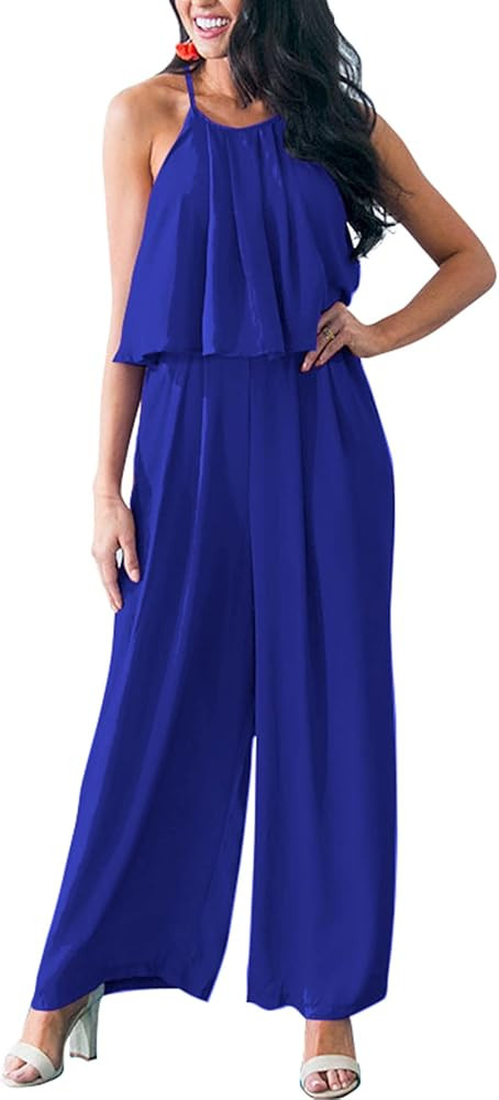 PRETTYGRADEN Women's Casual Summer Sleeveless Jumpsuit Halter Neck Wide Leg Pants Rompers One Pie... | Amazon (US)