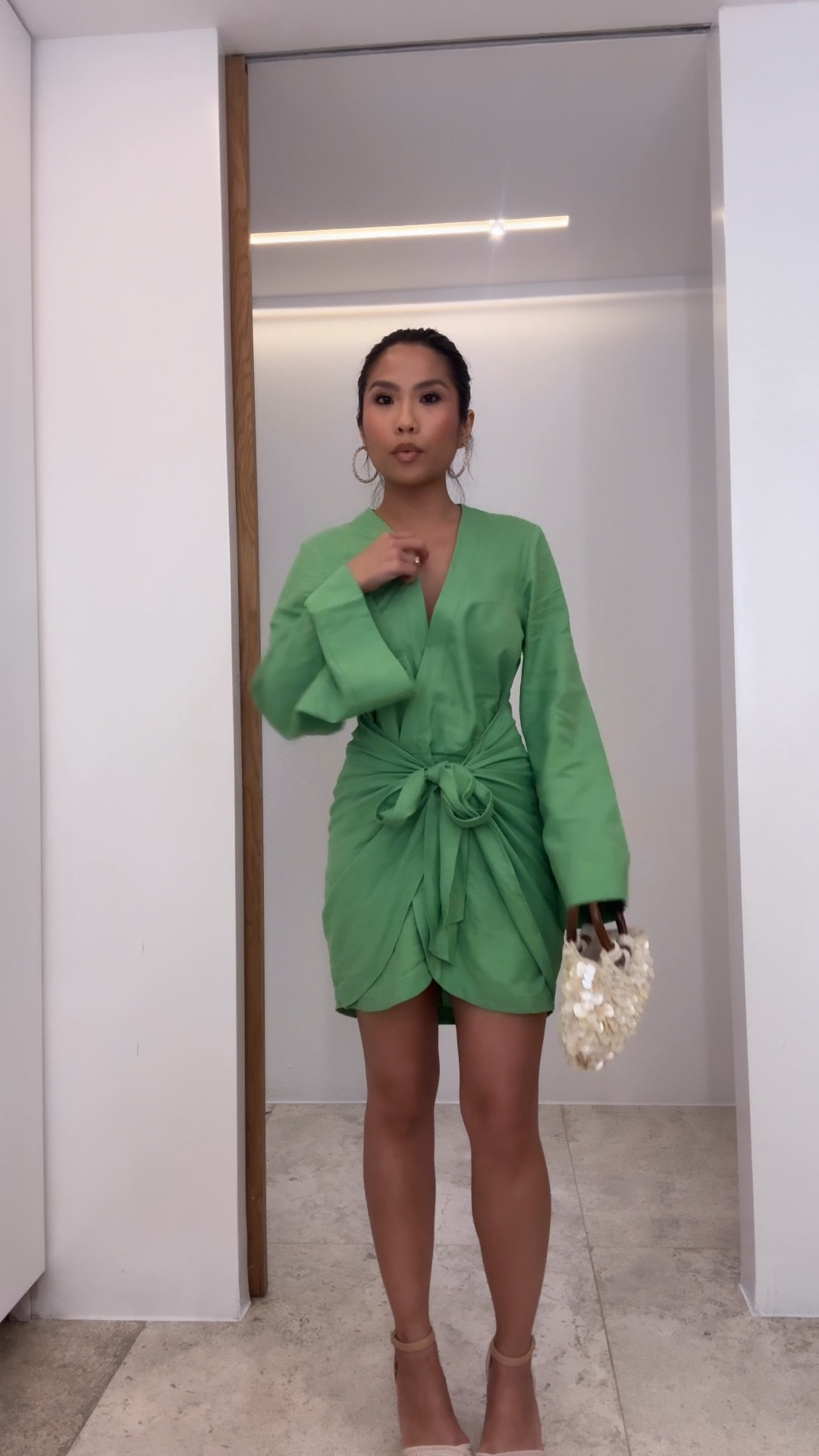 Ootn 💚💚 love the green color of this dress! Runs a little big, wearing my true size xs 

Wedges are old linked similar 

#LTKPetite #LTKootd