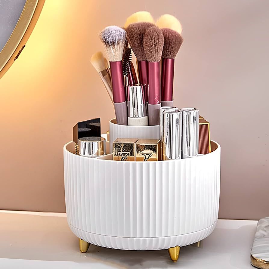 Large Capacity Makeup Brush Holder, 360° Rotating Makeup Perfume Organizer, 5 Slot Makeup Brushe... | Amazon (US)