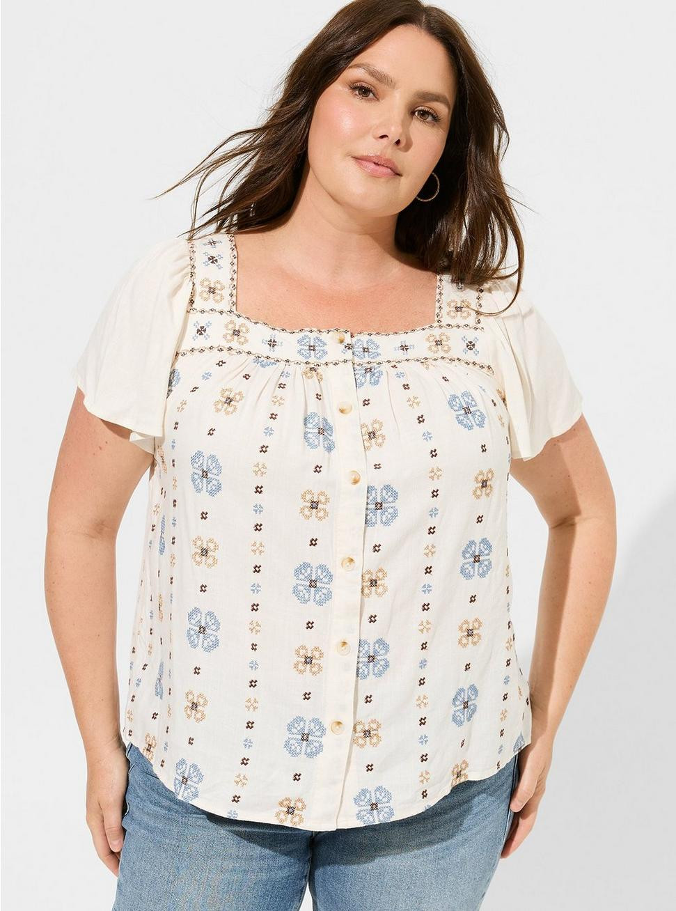 Embroidered Square Neck Flutter Short Sleeve Top | Torrid (US & Canada)
