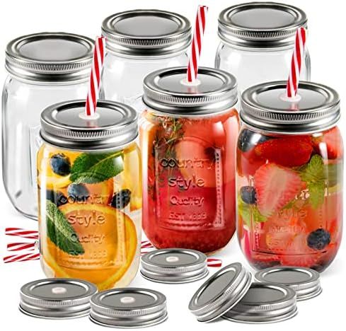 Mason Jar,Drinking Glass Mason Jars,Regular Mouth Mason Jars with Sealed Lids & Straws Lids,Set o... | Amazon (US)