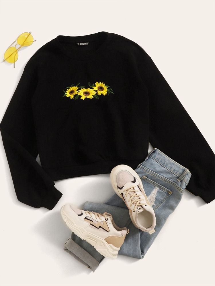 Embroidered Sunflower Pullover | SHEIN