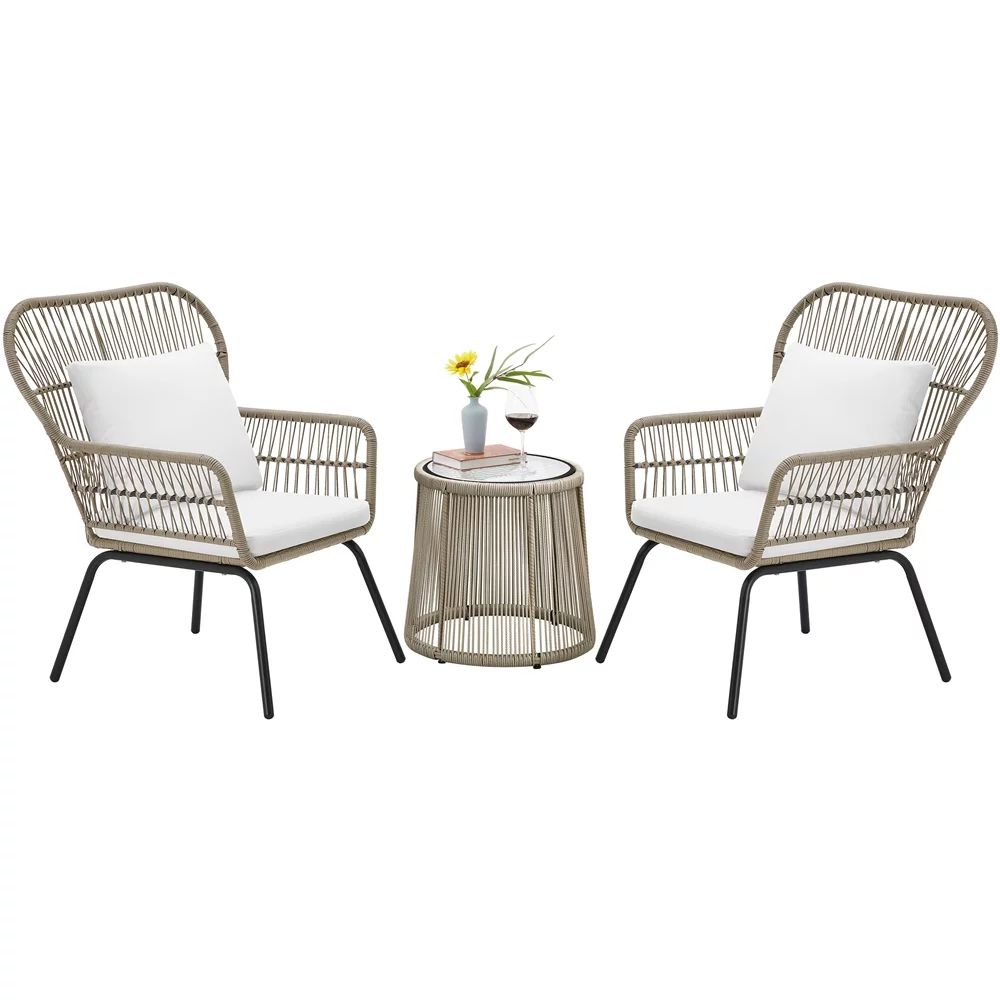 SMILE MART Outdoor 3-piece Synthetic Wicker Patio Set with Cushions, Tan - Walmart.com | Walmart (US)