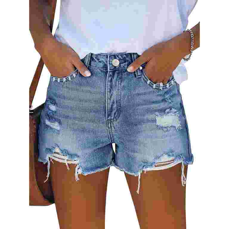 Pink Queen Women Summer Denim Shorts Mid Rise Ripped Faryed Hem Distressed Strectch Short Jeans S... | Walmart (US)