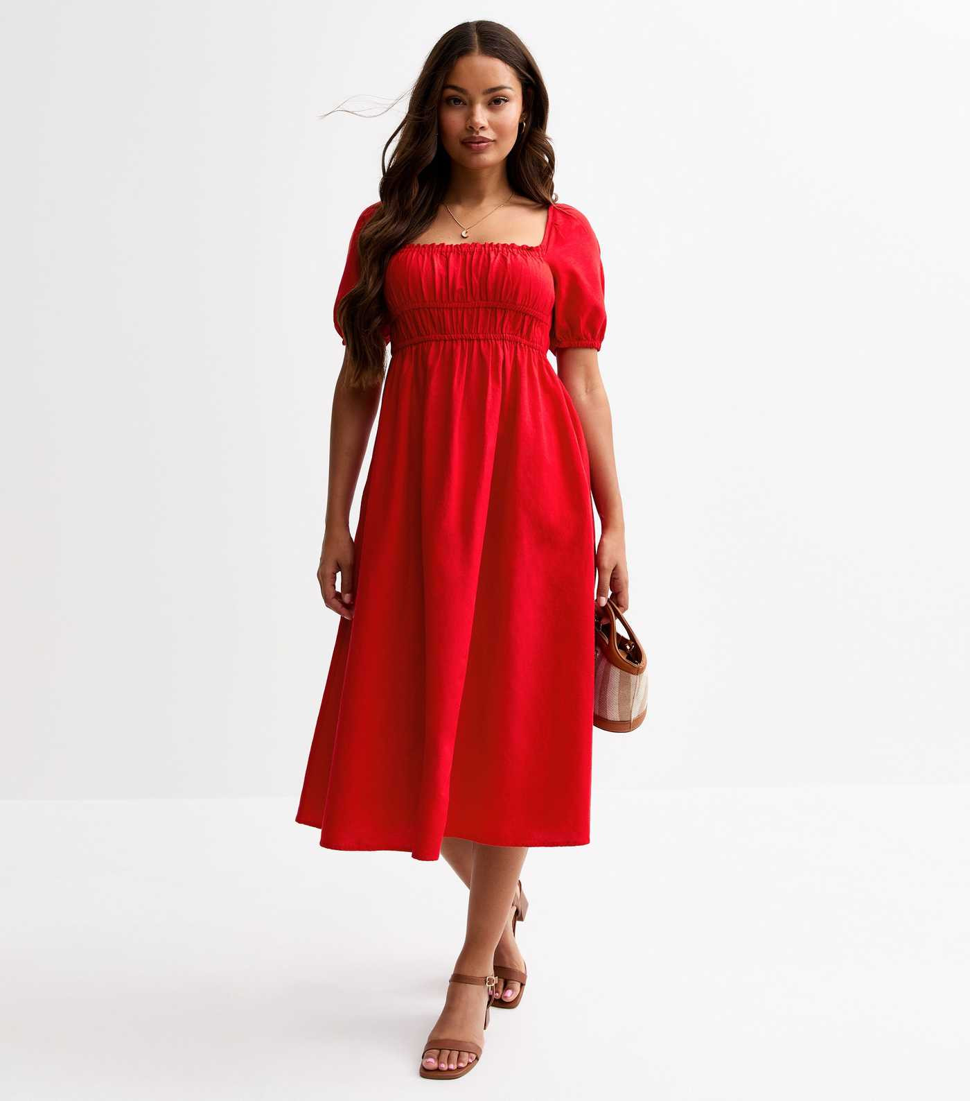 Petite Bright Red Milkmaid Puff Sleeve Midi Dress | New Look | New Look (UK)