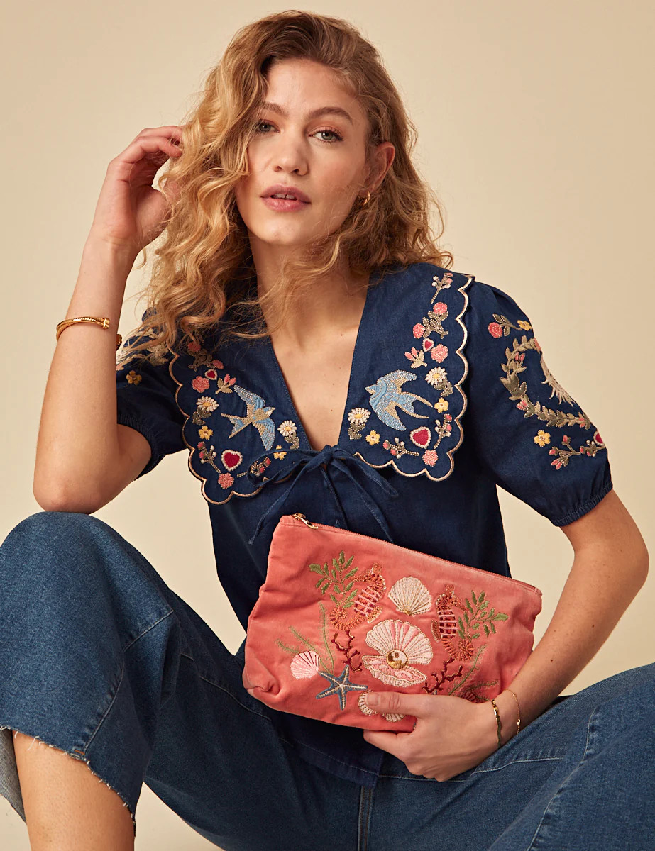 Elizabeth Scarlett Dark Denim Floral Embroidered Blouse | Nobody's Child