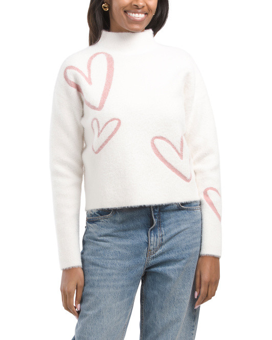 Long Sleeve Eyelash Funnel Neck Pull Over Sweater With Hearts | TJ Maxx