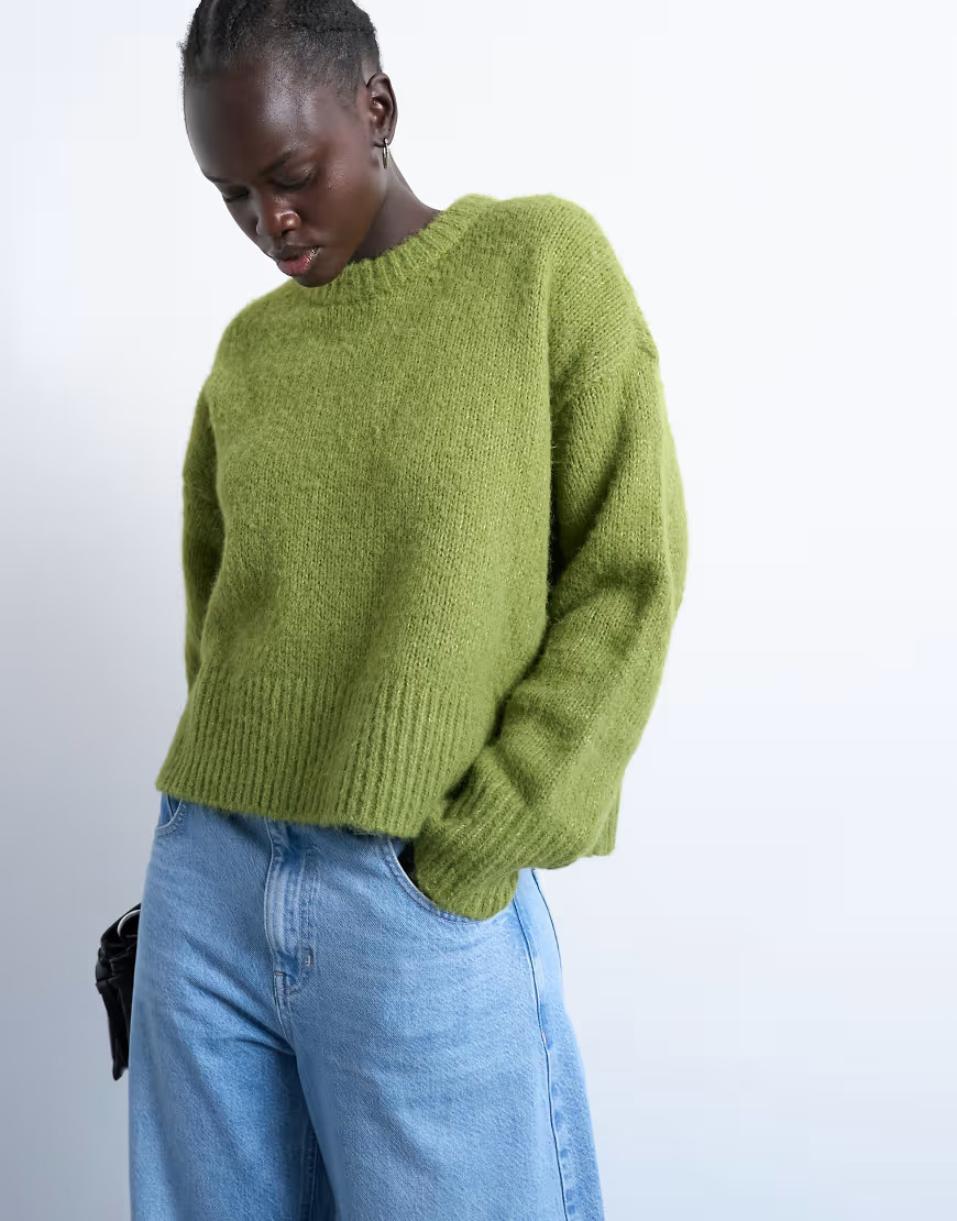 Topshop knitted wool blend fluffy ultimate jumper in green | ASOS (Global)