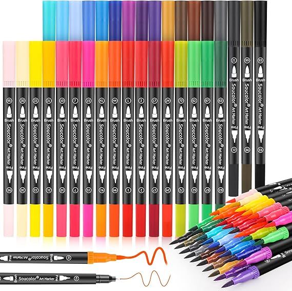 Soucolor Art Brush Markers Pens for Adult Coloring Books, 34 Colors Numbered Dual Tip (Brush and ... | Amazon (US)