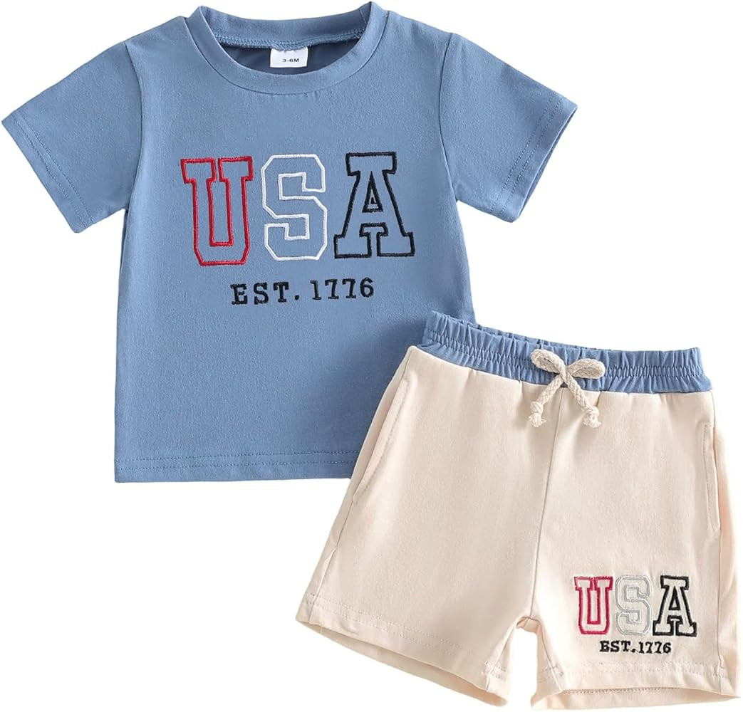 VISGOGO Baby Boy 4th of July Outfit 2PCS USA EST.1776 Short Sleeve T-Shirt and Shorts Set Toddler... | Amazon (US)