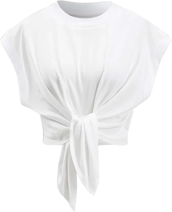 Crop Tops for Women Cap Sleeve Tie Front Solid Ruched T-Shirt Tops 2025 Summer Crew Neck Tee Shir... | Amazon (US)