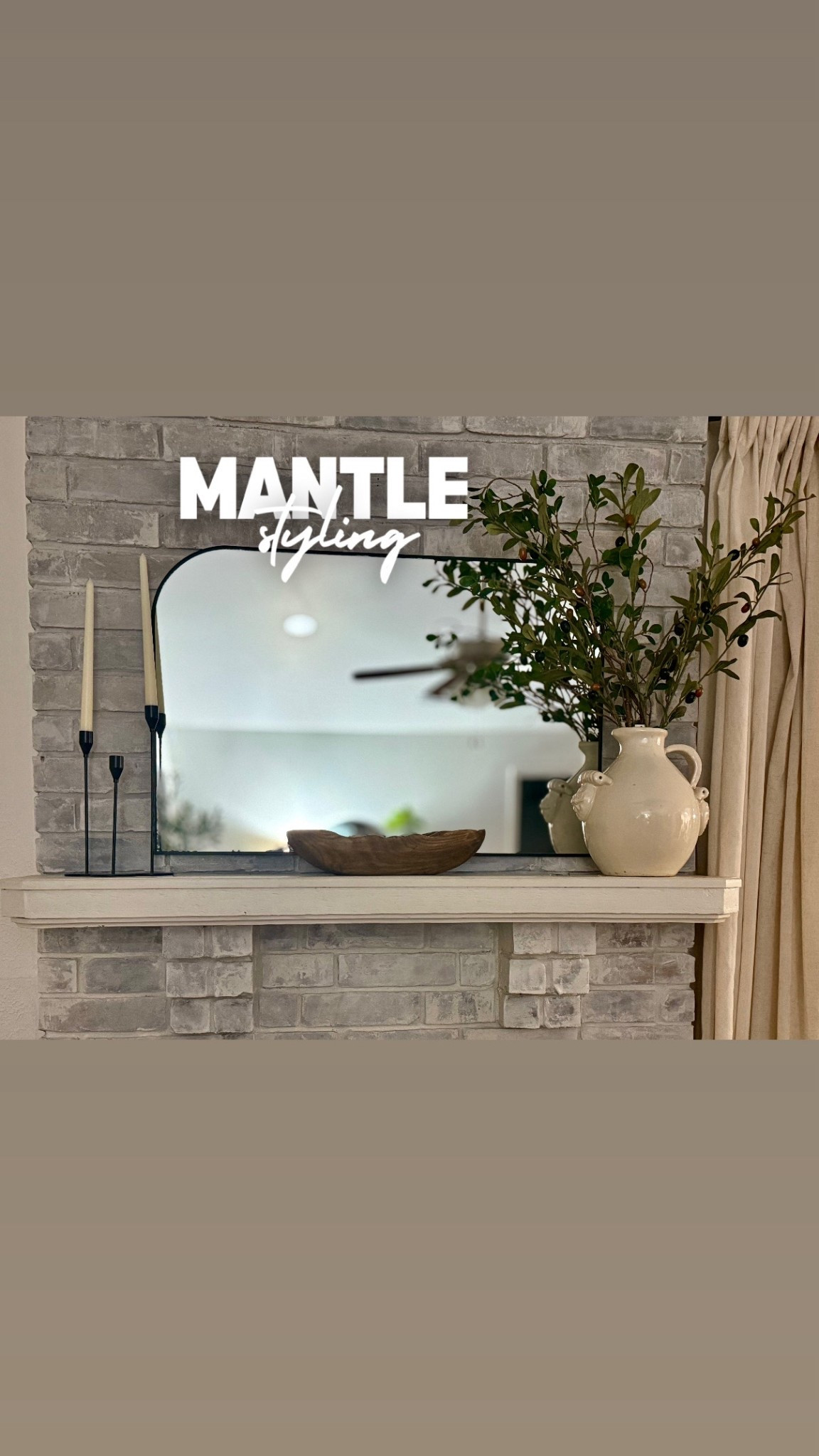 Mantle styling | vase thrifted | mirror from Walmart OUT OF STOCK | (3) Olive tree stems mixed with greenery from Hobby Lobby 

#LTKFindsUnder100 #LTKHome #LTKOver40