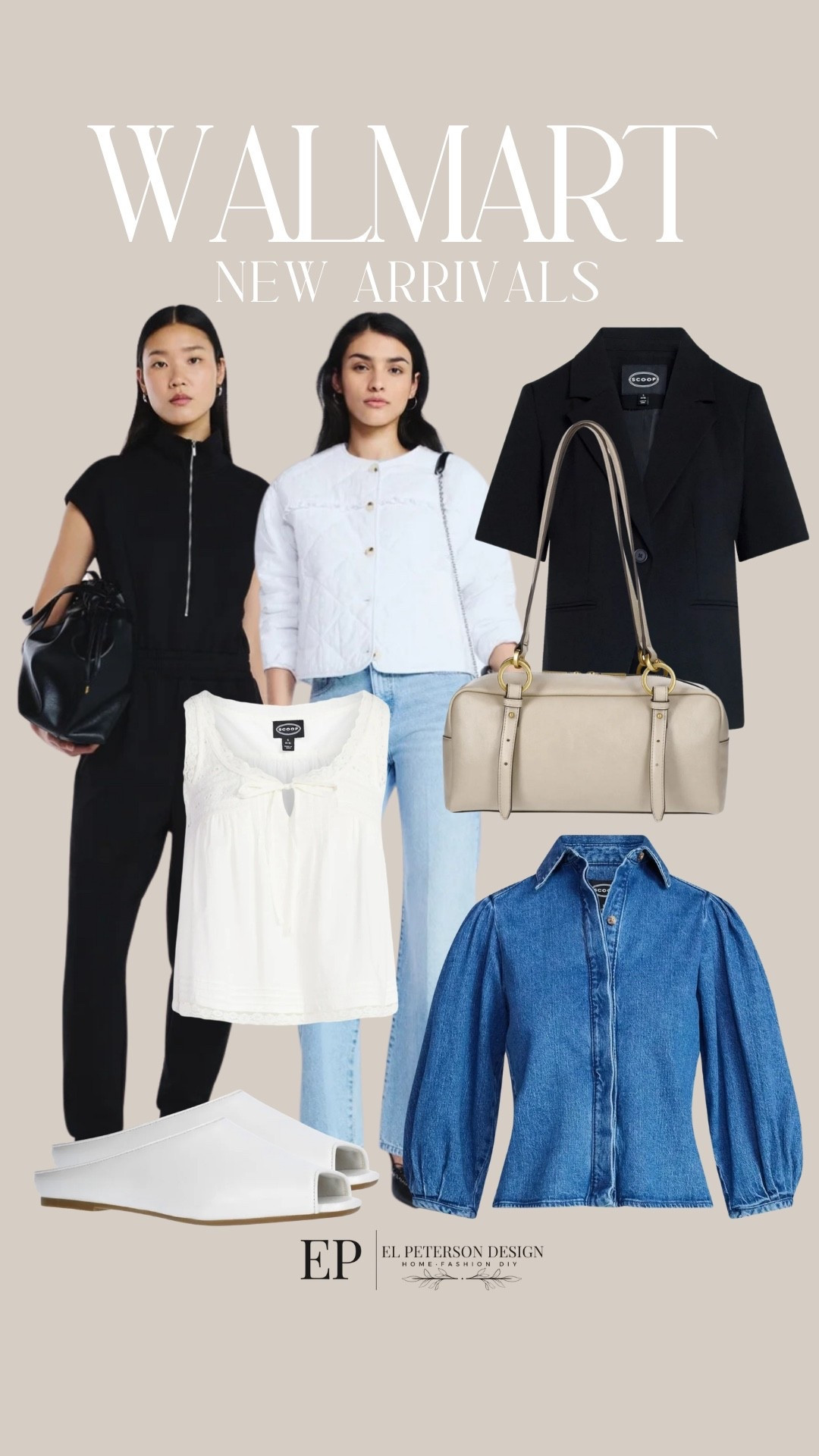 Walmart
Jumpsuit
Jacket
Blouse
Jean shirt
Blazer
Purse
Mules 