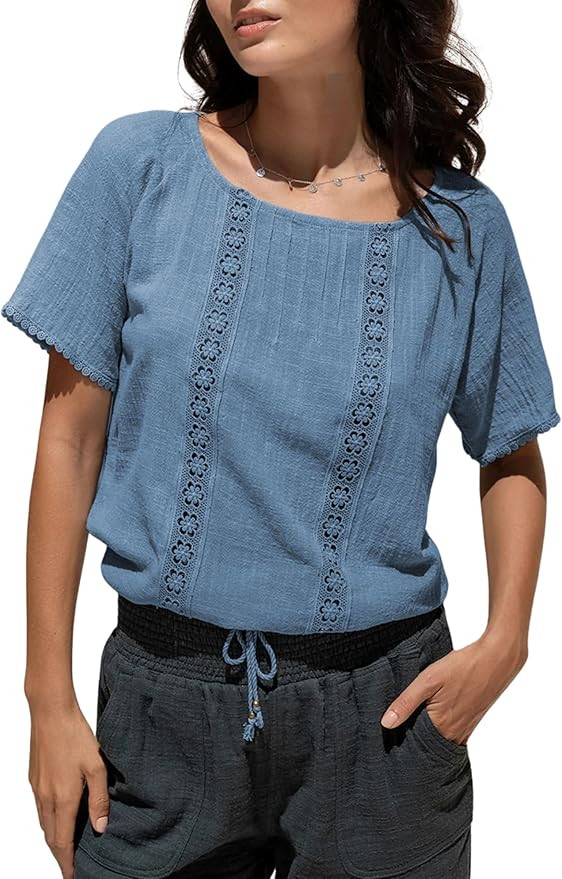 QIBABU Summer Tops for Women Casual Short Sleeve Round Neck Hollow Out Lace Blouses Shirts | Amazon (US)