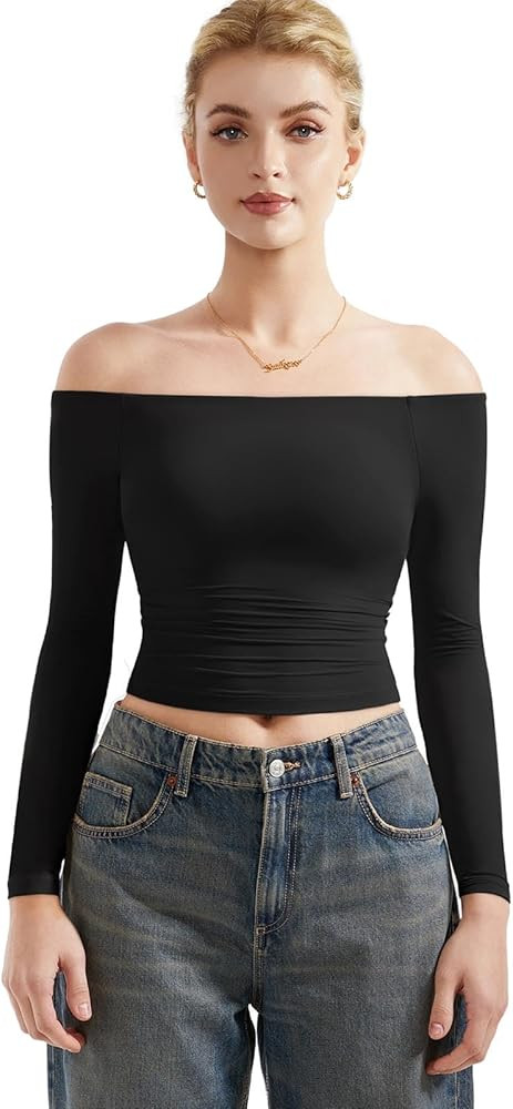 SUUKSESS Women Off Shoulder Double Lined Long Sleeve Shirts Basic Going Out Tops | Amazon (US)