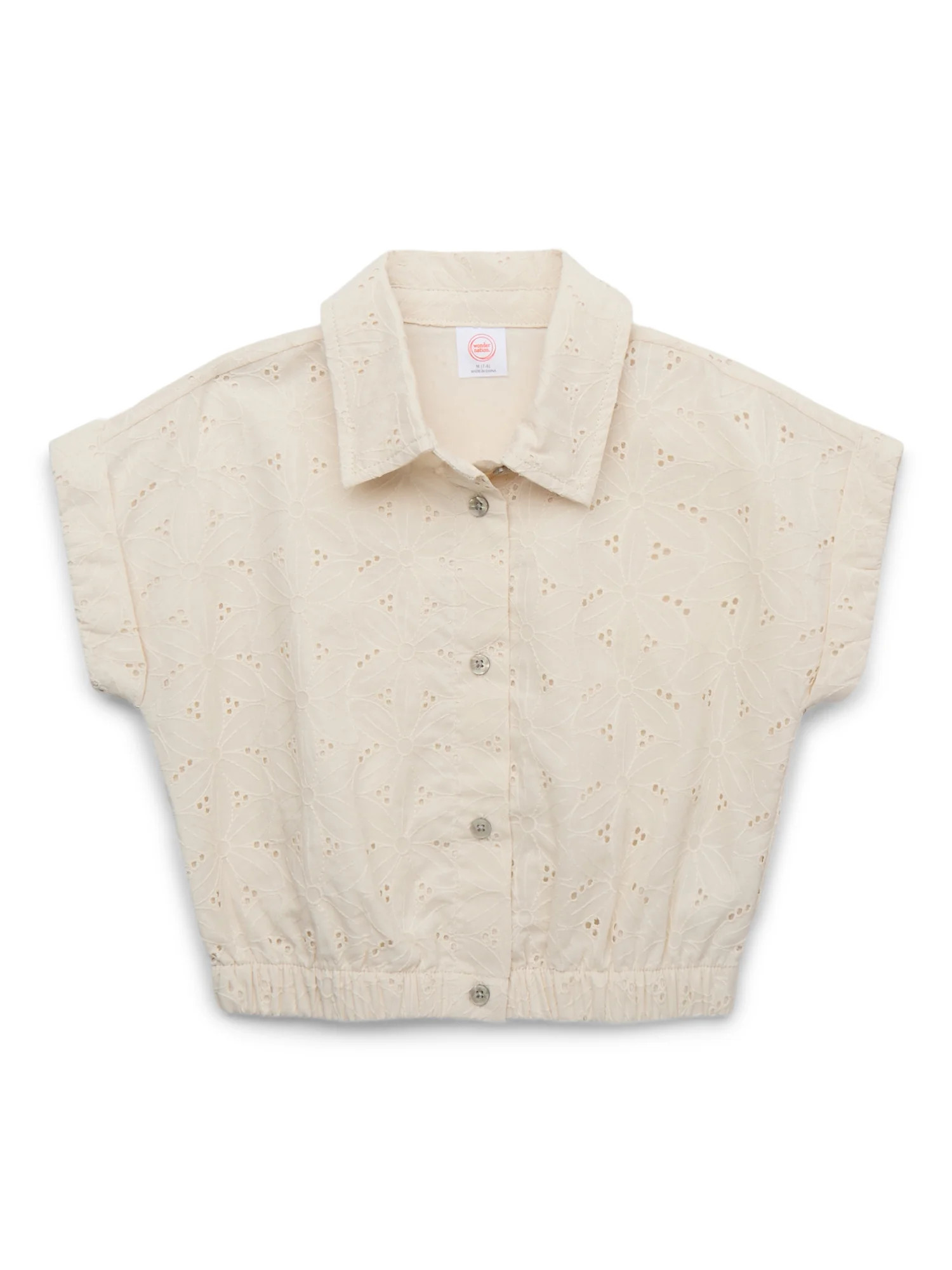 Wonder Nation Girls Eyelet Button Up Top with Short Sleeves, Sizes 4-18 & Plus | Walmart (US)