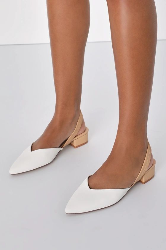 Mae White and Light Nude Pointed-Toe Slingback Heels | Lulus