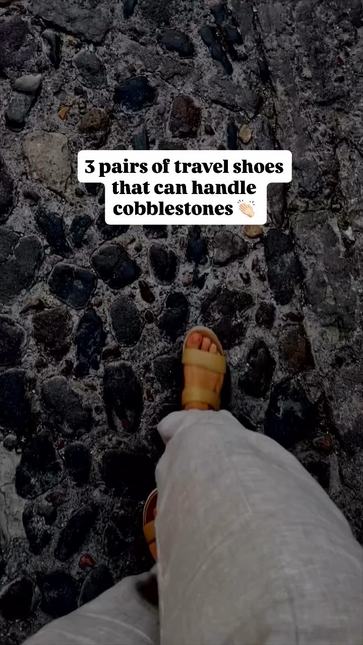 What makes a pair of shoes “travel friendly”?

1️⃣ Look for a slight texture or rubber on the sole. Even a little grip changes everything. 
2️⃣ Comfort – test them extensively at home BEFORE your trip
3️⃣ Stylish (make sure they look good with your travel wardrobe)

🚫 And avoid a completely smooth flat leather sole (especially if visiting somewhere hilly). 
I nearly ate 💩 in Lake Como more than once because of the wrong sandals! 

Option 1 → White leather sneakers. My go-to for long walking days.
Option 2 → Casual leather sandals (I wear Birks or Quince’s Nappa Leather Slides). Once they mold to your feet, they go with everything. 
Option 3 → A flat leather sandal with actual grip on the sole. For nicer occasions.

Check my bio for a full shoe guide for traveling in comfort and style!

#cobblestonestreets #europetravelshoes #travelsandals #packingforeurope #carryon waysofstyle travelstyle capsulewardrobe europesummer walkingshoes