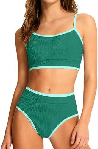 Girls Swimsuit Two Piece Scoop Neck Solid Color Bikini Set Adjustable Strap High Waist Bathing Su... | Amazon (US)
