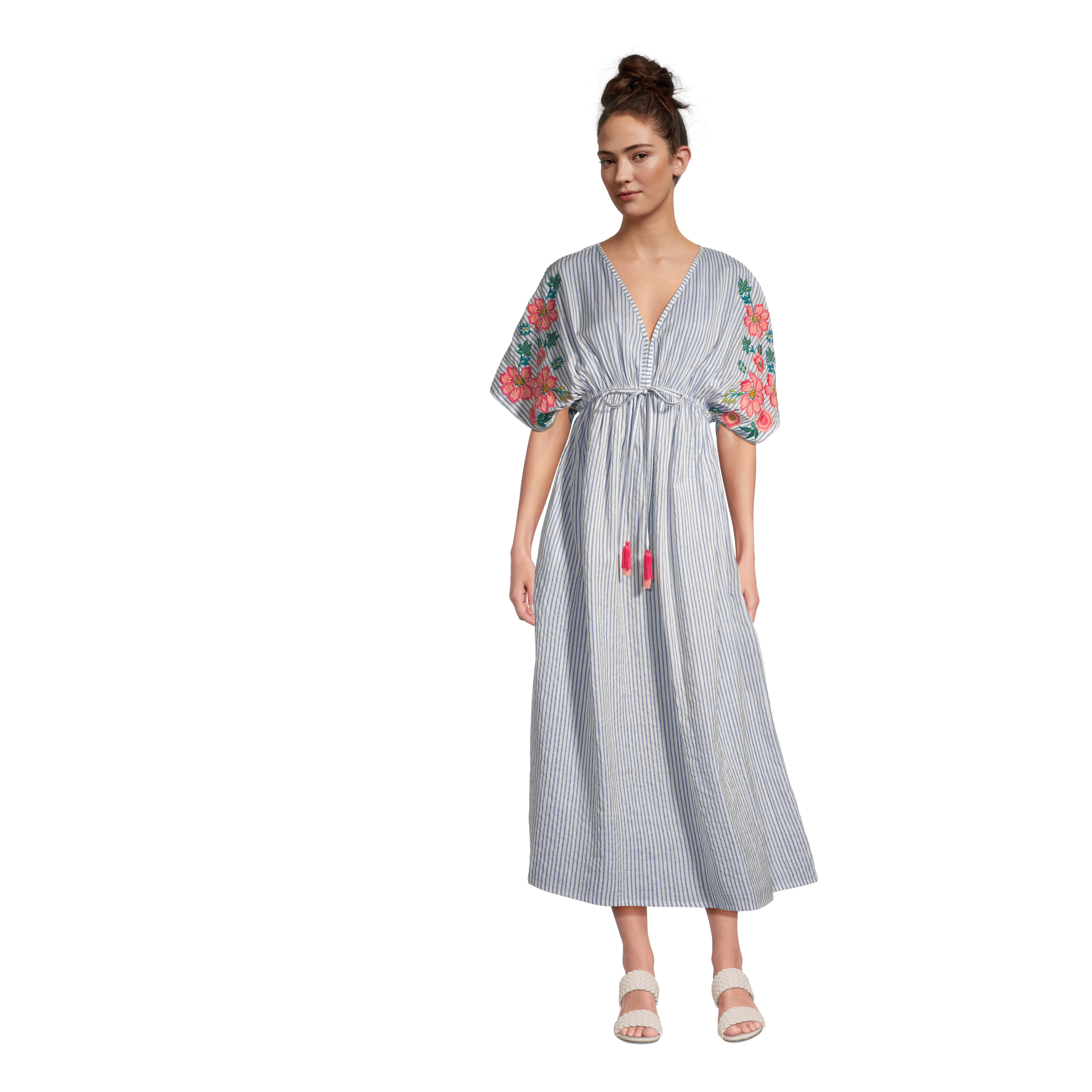 Mira Blue Stripe Floral Embroidered Kaftan Dress with Pockets | World Market
