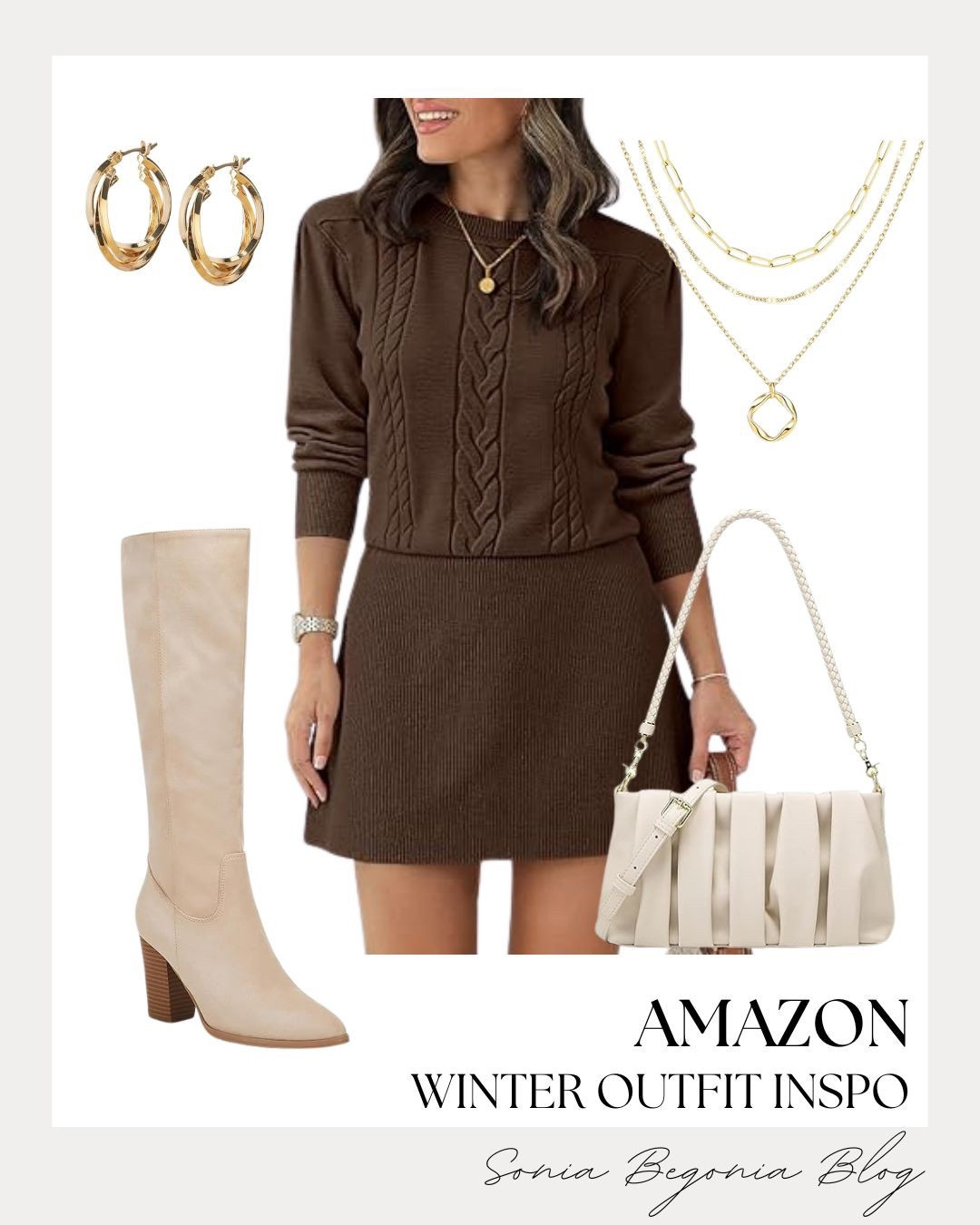 OUTFIT of the Day: Cable Knits, Coffee Tones, & Cream Accents! ☕️
Embrace the cozy chocolate trend with this perfectly balanced winter-ready look! 🤎

We are obsessed with the statement piece: a rich mocha brown sweater dress featuring timeless cable knit detailing and a flattering mini silhouette. Balance the deep earth tones with chic, high-contrast accessories in creamy ivory. Finish the look with sleek knee-high heeled boots, a trendy pleated baguette shoulder bag, and layered gold chain necklaces with twisted hoop earrings for a touch of elevated sophistication—all for under $50!

#OOTD
#OutfitOfTheDay
#WinterFashion
#AmazonFashion
#SweaterDress
#BrownAesthetic
#KneeHighBoots
#CableKnit
#BaguetteBag
#GoldJewelry
#AffordableStyle
#LTKStyle
#WinterOutfitInspo
#MonochromeLook
#StylingInspo


#LTKootd #LTKSeasonal #LTKFindsUnder50