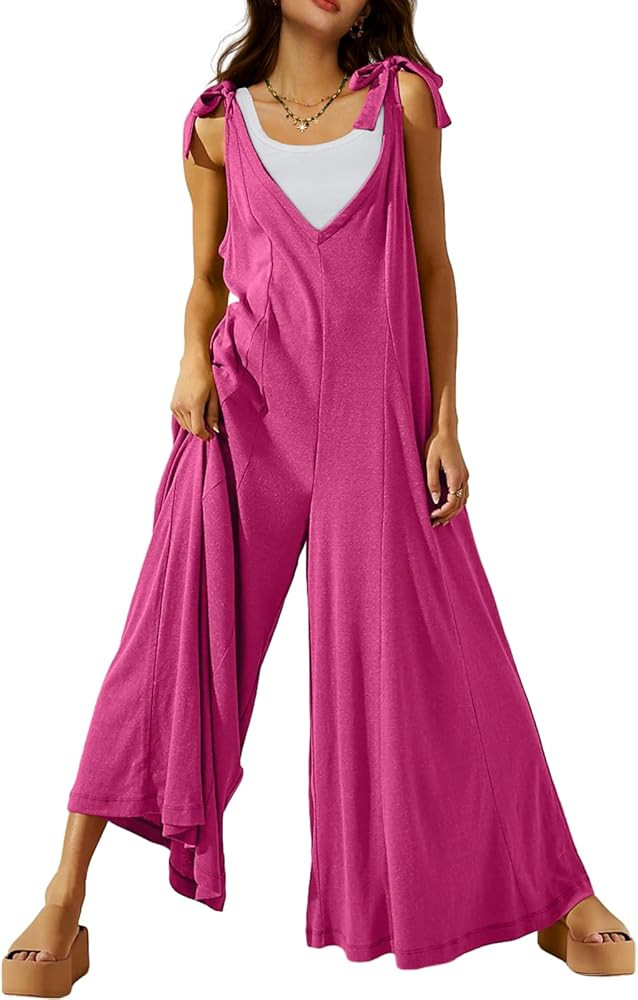 DEEP SELF Women's Summer Causal Jumpsuits Sleeveless Wide Leg Long Rompers V Neck Tie Strap Loose... | Amazon (US)