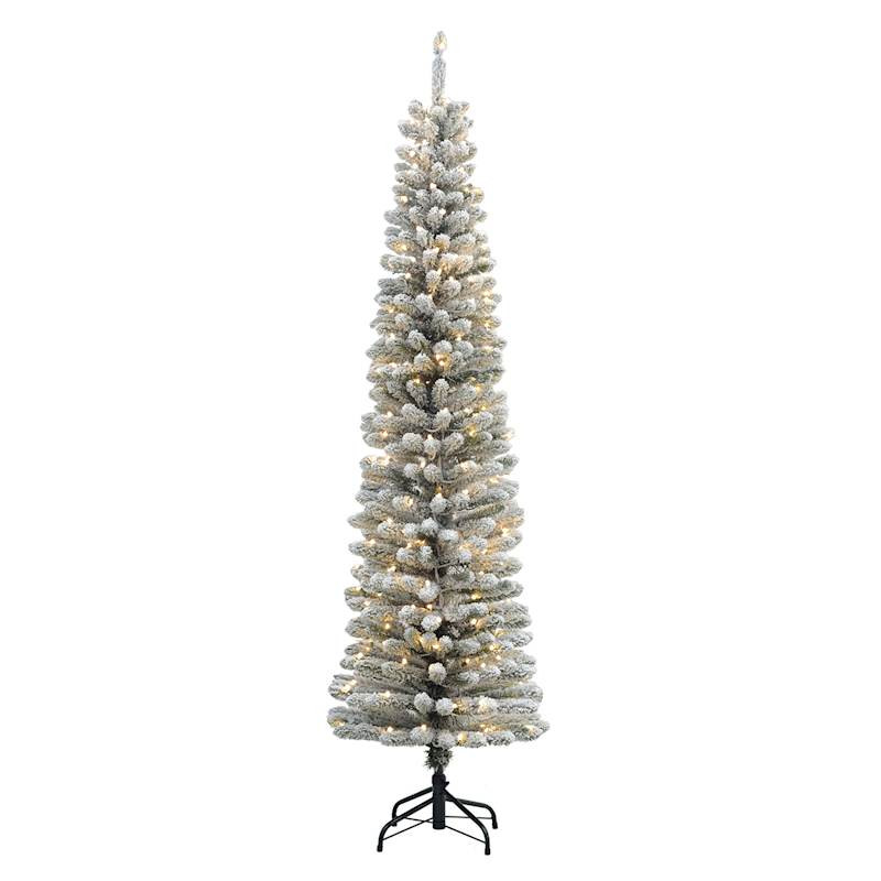 (A24) Pre-Lit LED Flocked Slim Summit Fir Pencil Christmas Tree, 6.5' | At Home