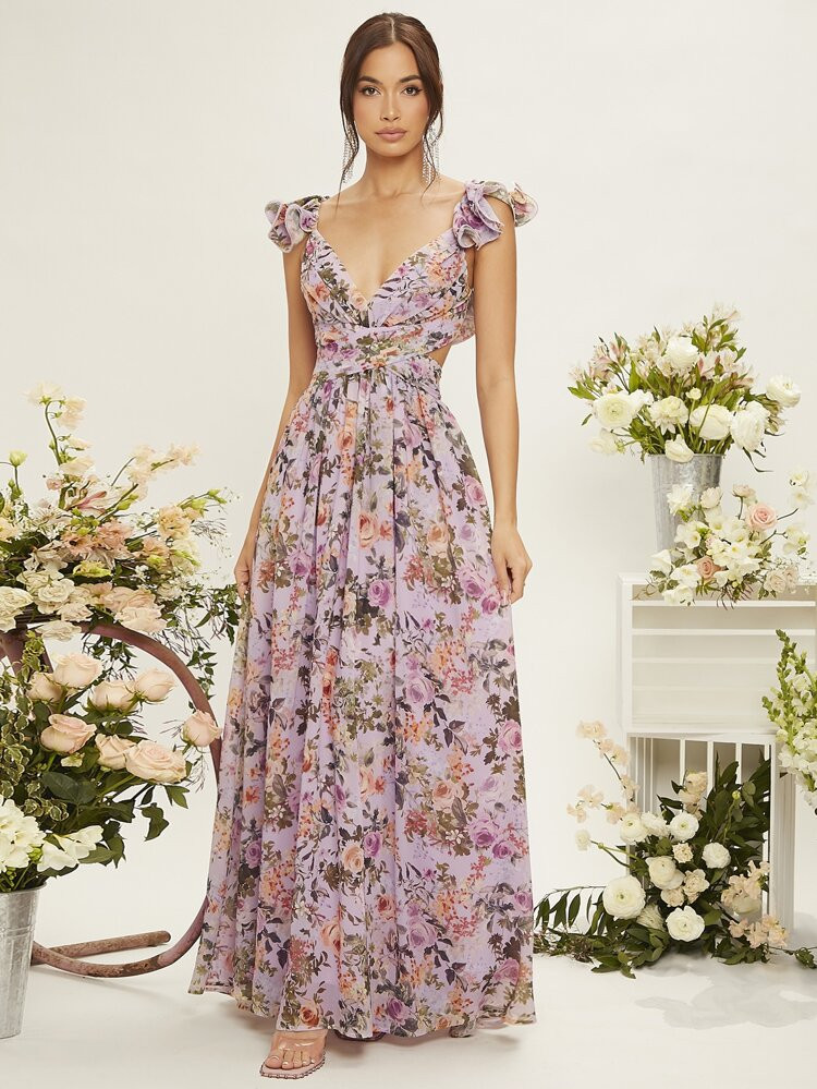 SHEIN Floral Print Sweetheart Neck Lace Up Backless Ruffle Trim Dress | SHEIN