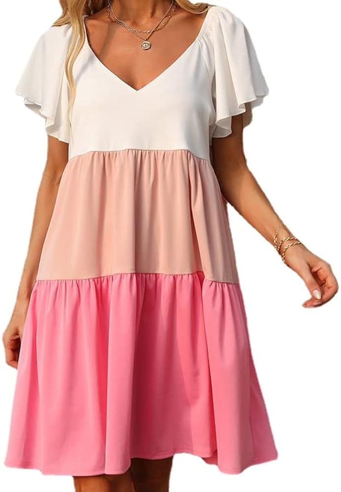 Orvila Women's Summer V Neck Loose Mini Short Dress Color Blocked Ruffle Short Sleeves A-line Swi... | Amazon (US)