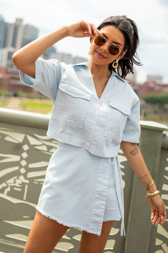 New Ways Ice Blue Cropped Denim Top FINAL SALE | Pink Lily