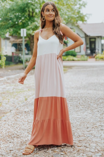 Ivory & Pink Tassel Tie-Strap Tiered Maxi Dress | Magnolia Boutique