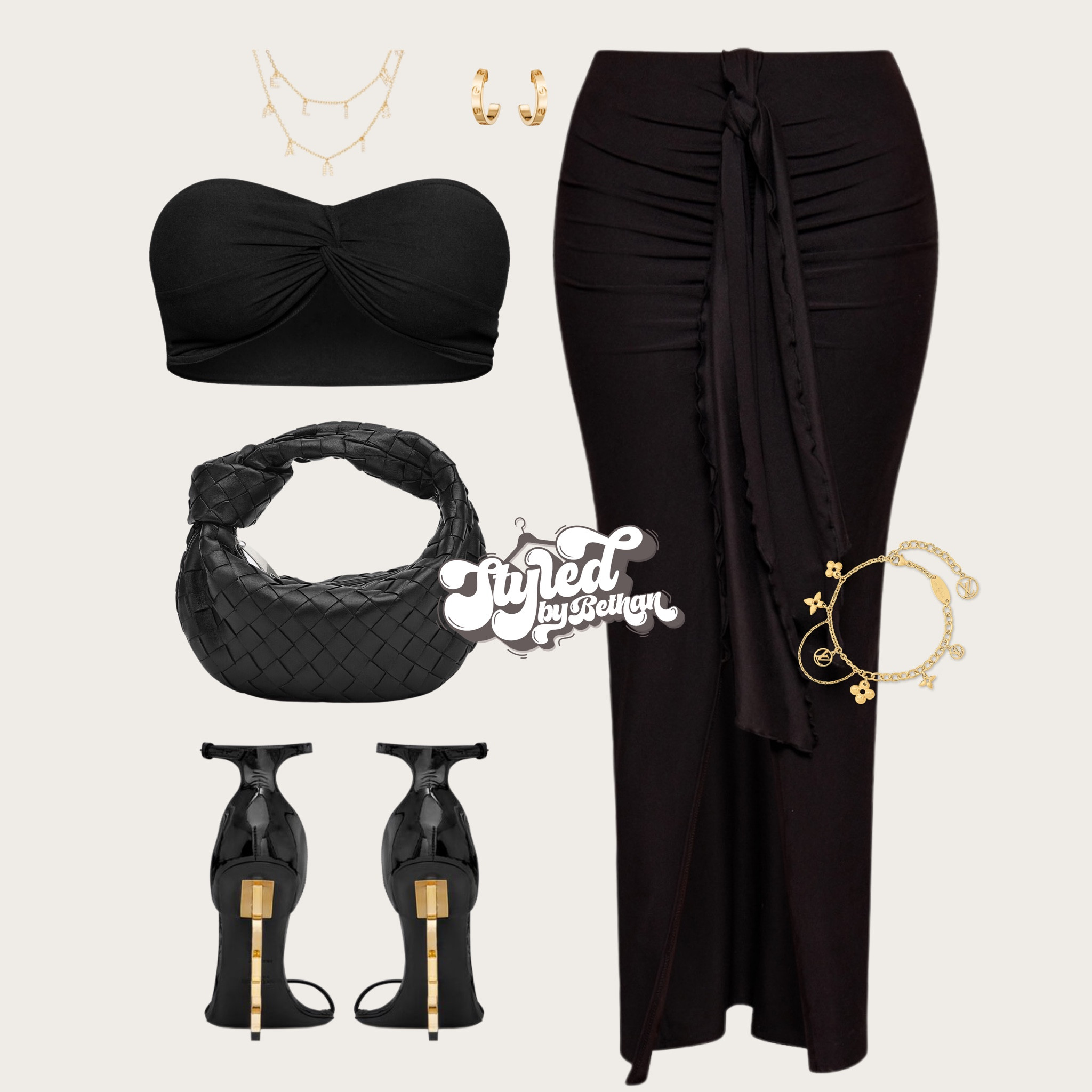 🖤🖤🖤 tags: pretty little thing soft knit black knot detail maxi skirt and matching bandeau crop top, botegga black knott bag, ysl black heels, Louis Vuitton gold charm bracelet, Cartier gold hoop earrings, celine Paris gold layered necklace. Date night, clubbing, dinner and drinks, cocktails with the girls outfit inspiration inspo for vacation holiday, city break. 

#LTKpartywear #LTKeurope #LTKstyletip