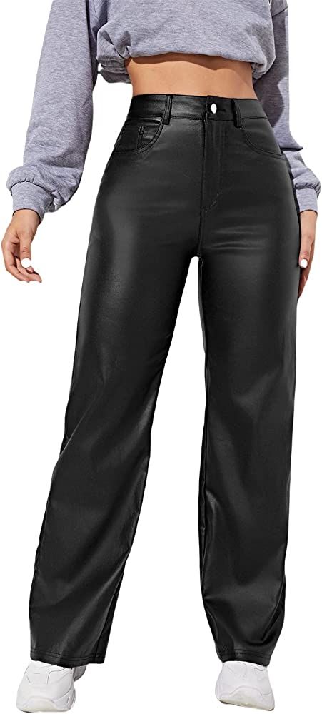 MakeMeChic Women's High Waist Pockets Straight Leg Jeans Leather Look Pants | Amazon (US)