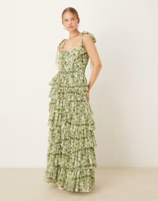 Lace & Beads bow shoulder ruffle maxi dress in olive floral | ASOS (Global)