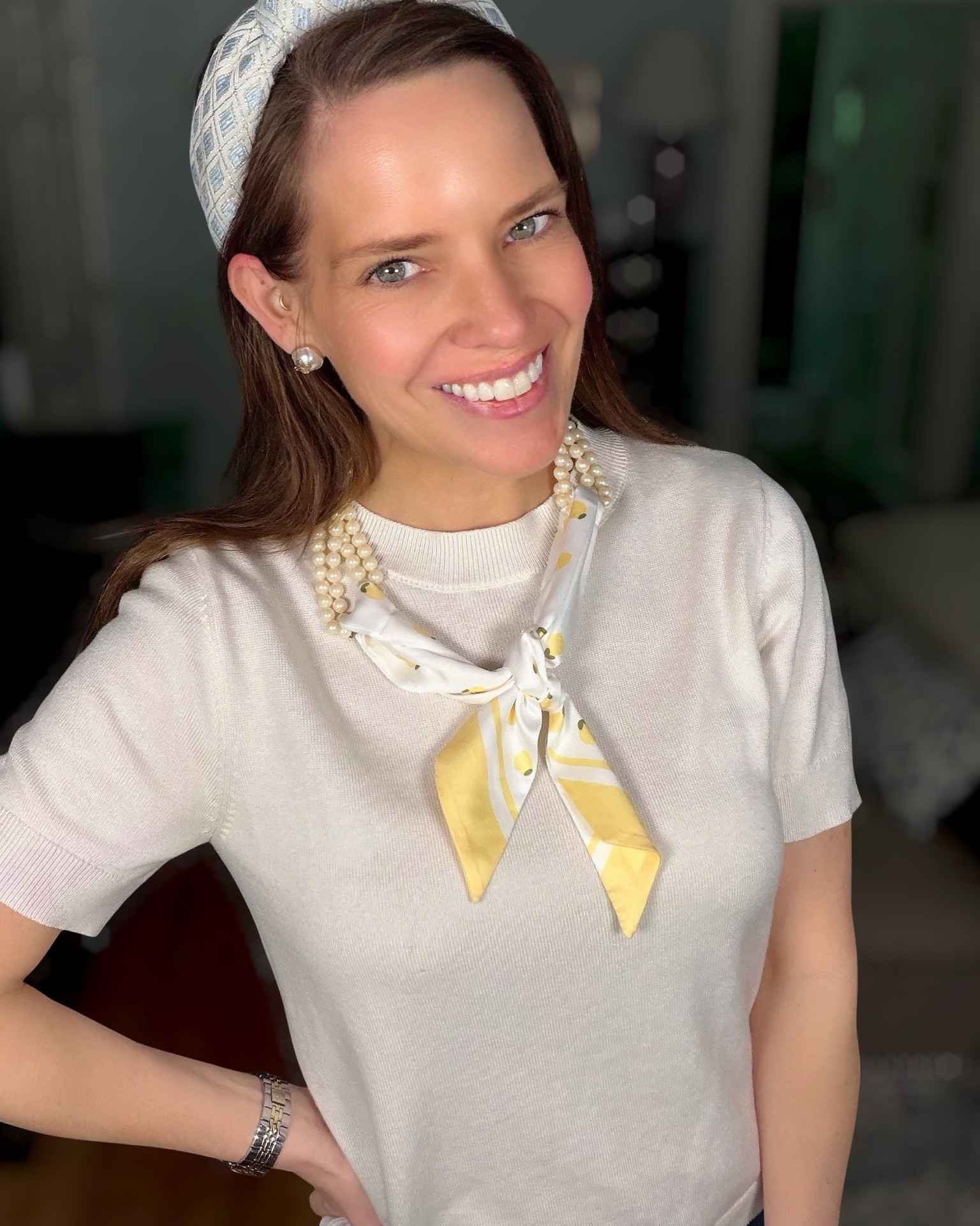 🍋 Preppy Scarf Styling Hack with Pearls & Lemon Print 🍋

Such a fun little styling trick for your scarves 🎀🍋 I threaded this lemon print skinny scarf through a long pearl necklace for the cutest preppy, coastal grandmother inspired accessory look! Paired with a soft short sleeve sweater, pearl earrings, and light wash jeans for an easy everyday outfit that still feels polished ✨🤍

Perfect for adding a chic twist to basic outfits without spending a fortune 👏🏻 Linking the scarf, pearl necklace, sweater, jeans, and accessories from this look!

preppy style, grandmillennial fashion, scarf styling idea, pearl necklace outfit, lemon scarf, coastal grandmother outfit, feminine fashion, classic style, chic everyday outfit, old money inspired style, summer accessories, pearl jewelry outfit, Lilly Pulitzer inspired style, neutral outfit ideas 🍋🤍

#LTKootd #LTKPetite #LTKOver40