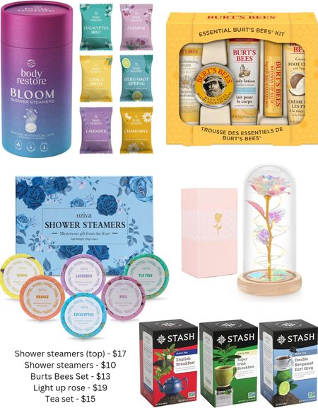 Last minute Mother's Day gifts that will arrive in time! 🌷 Scented shower steamers, Burt's Bees kit with hand and food cream and lip balm, crystal light up rose, black tea set.

#LTKGiftGuide #LTKHome #LTKFindsUnder50