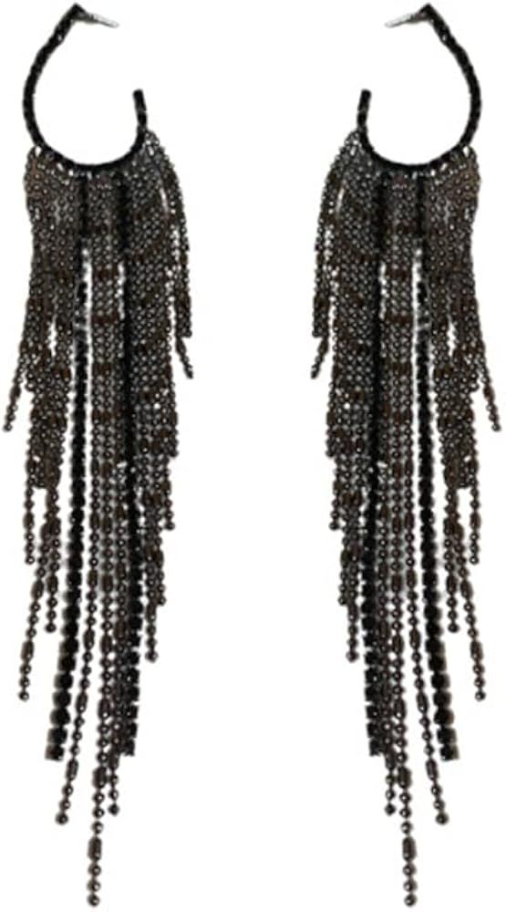 Black Rhinestone Long Tassel Earrings for women.Crystal Chandelier Fringe Drop Earrings Zircon St... | Amazon (US)