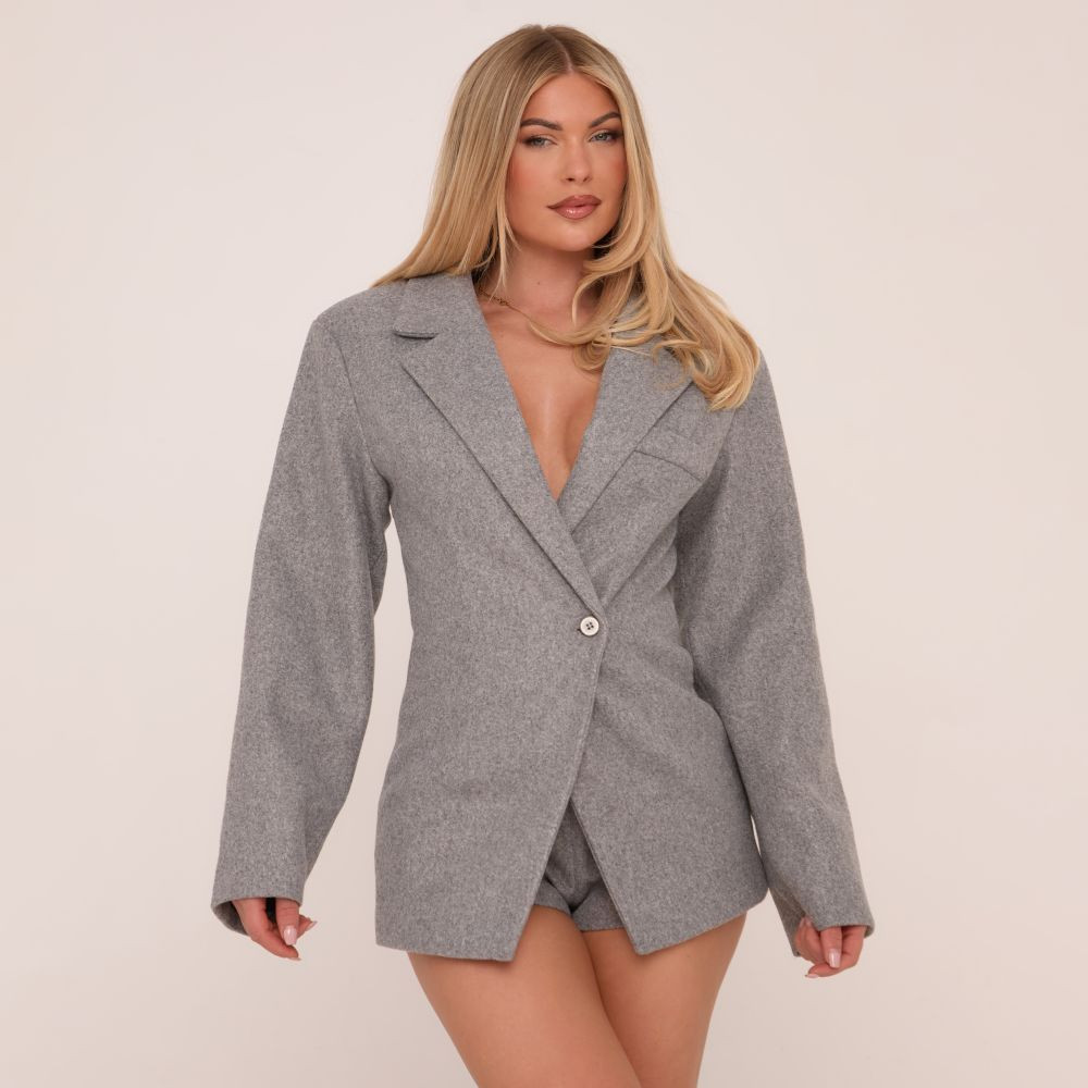 Cinched Waist Wool Look Blazer Dress In Grey | EGO (UK)