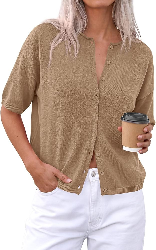PRETTYGARDEN Women Spring Short Sleeve Cardigan Sweaters Button Down Knit Shirt Blouse Dressy Cas... | Amazon (US)