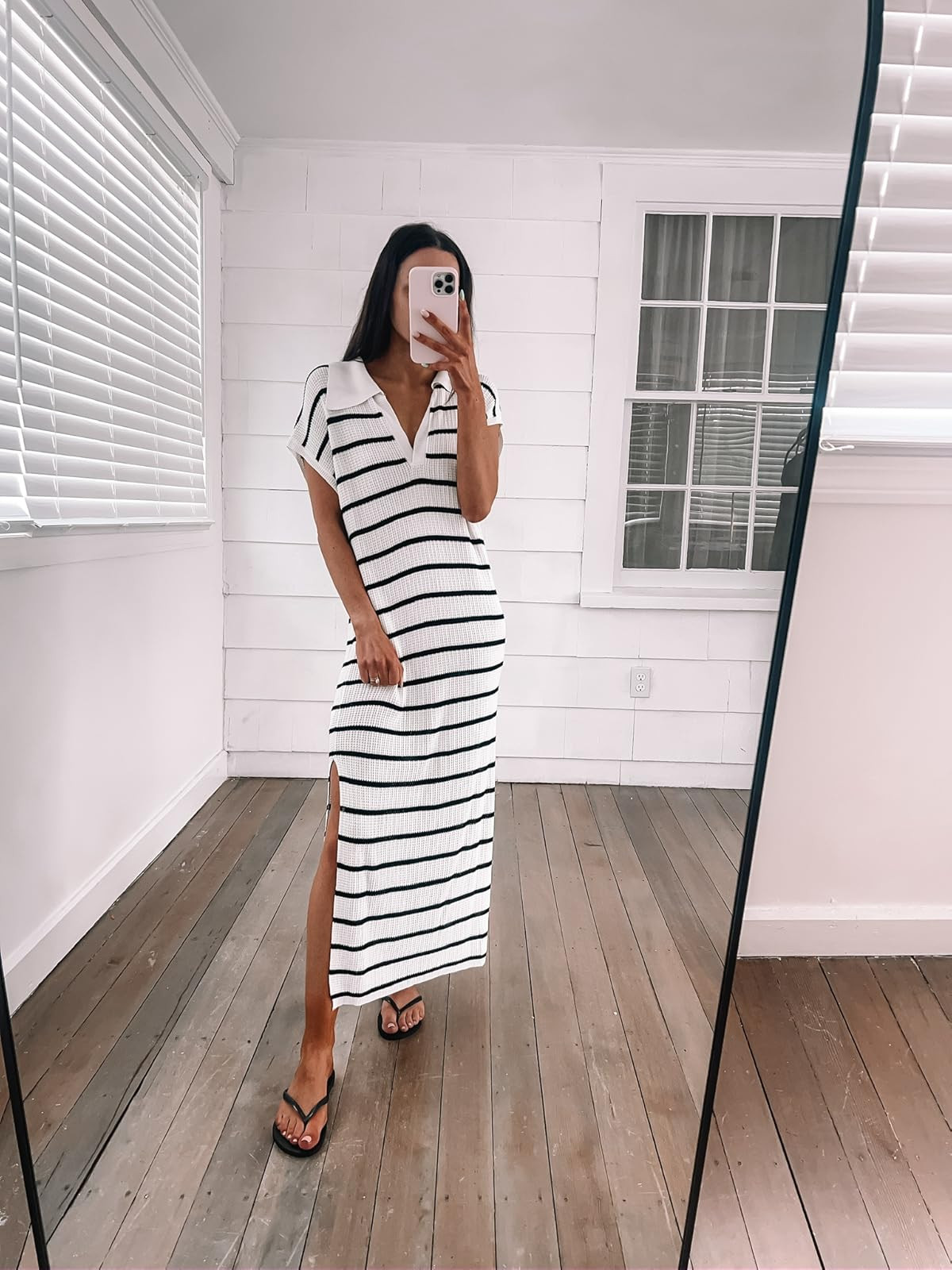 Vacation outfit- dress wearing S, sandals sized down a full size!
Striped summer dress/flip flops/casual summer outfit 

 #LTKSummerEdit #LTKPetite #LTKFindsUnder50