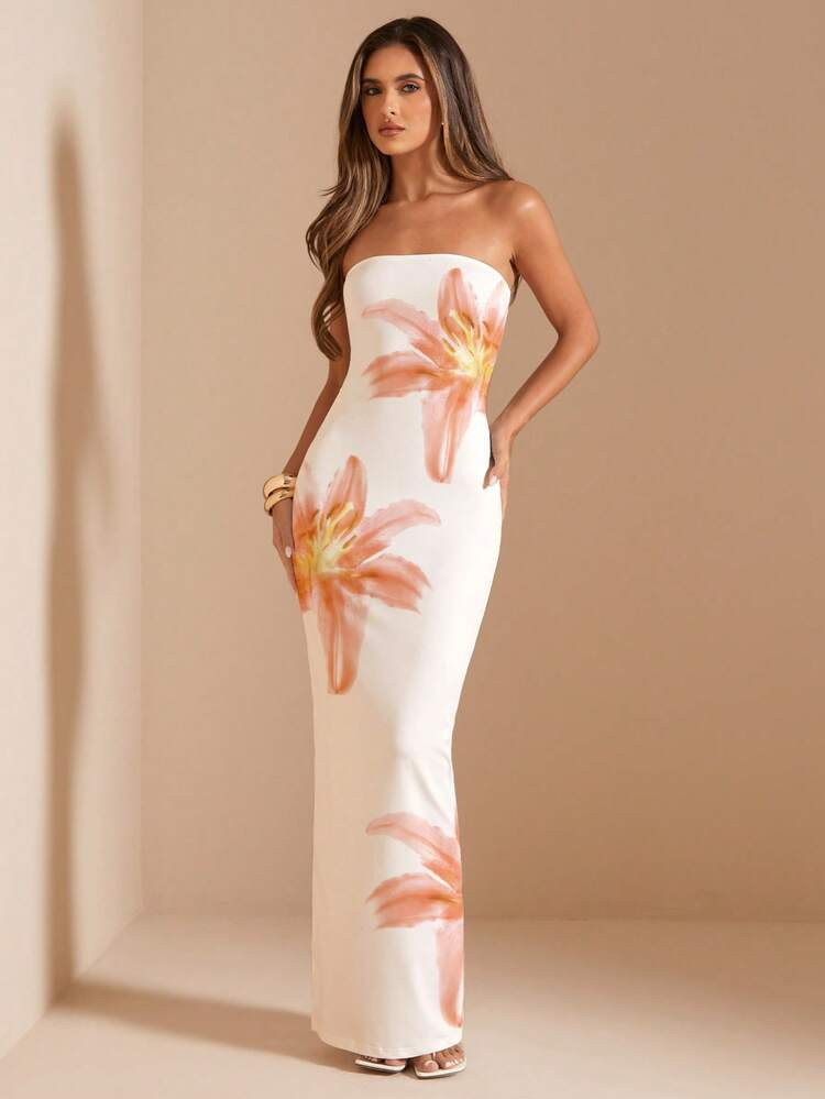 SHEIN BAE Summer Tube Dress With Big Floral Print, Suitable For Beach Vacation/Seaside Resort Carnival | SHEIN