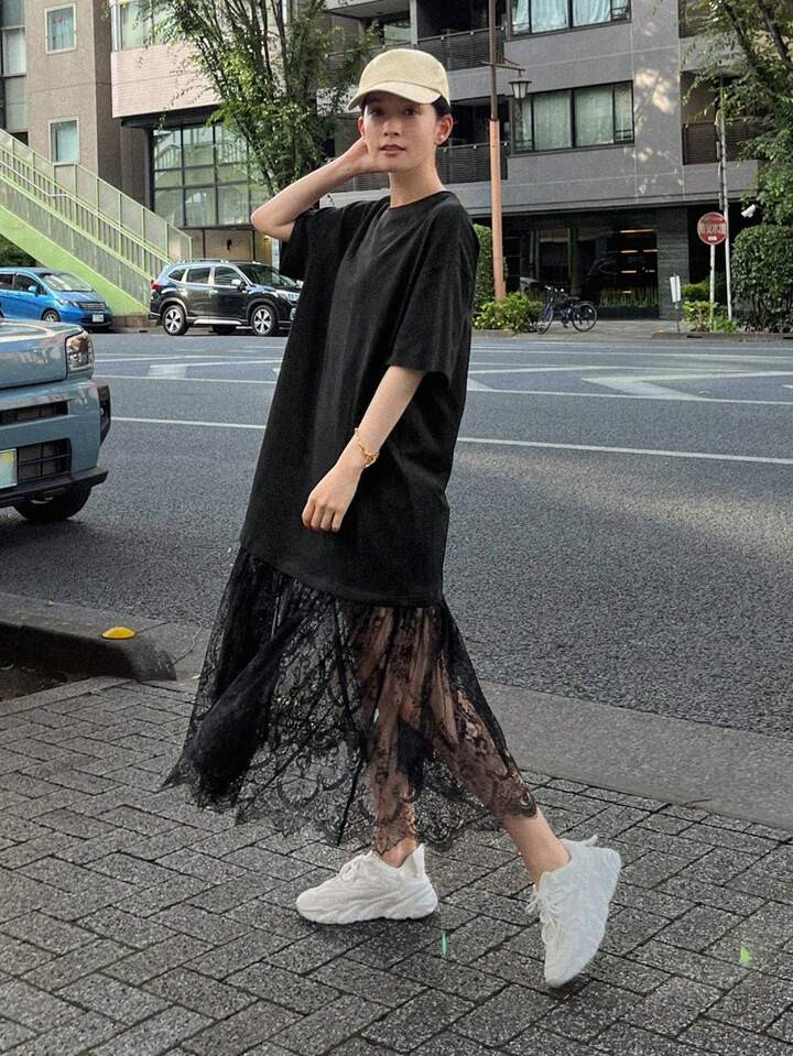 DAZY Contrast Lace Hem Drop Shoulder Tee Dress | SHEIN