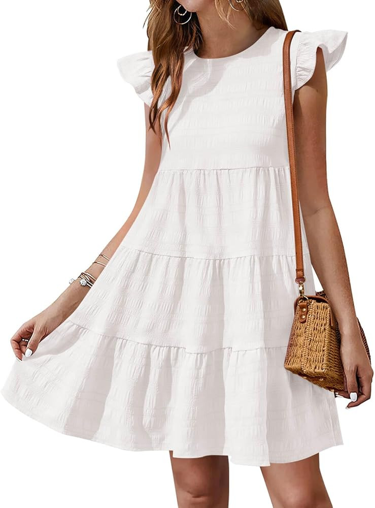 Yousify Summer Dresses for Women 2026 Ruffle Sleeve Mini Babydoll Dress Beach Casual Loose Flowy ... | Amazon (US)