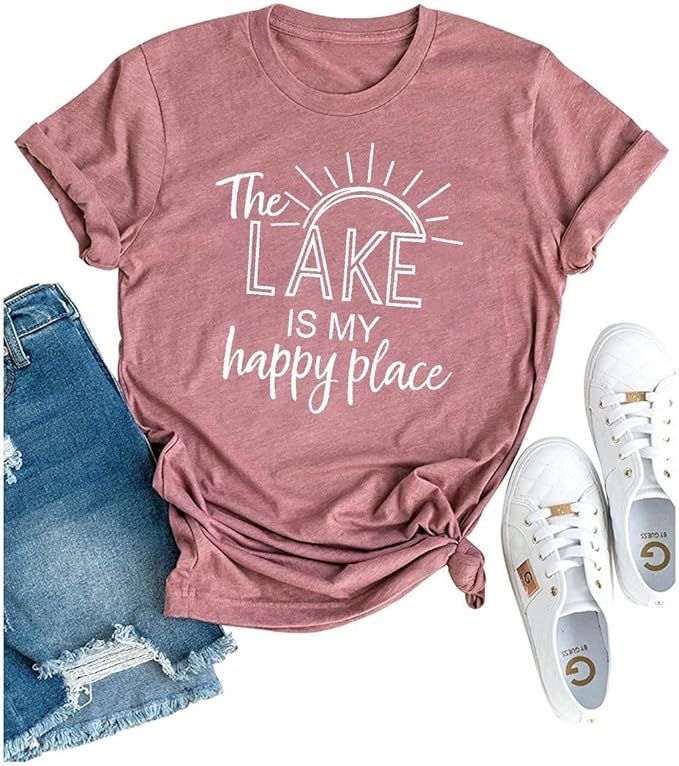 The Lake is My Happy Place T Shirt Women Lake Life Shirt Summer Vacation Short Sleeve Casual Tee ... | Amazon (US)