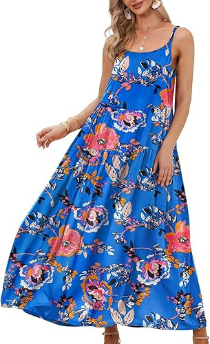 YESNO Summer Dresses for Women 2022 Casual Loose Bohemian Floral Dress with Pockets Spaghetti Str... | Amazon (US)