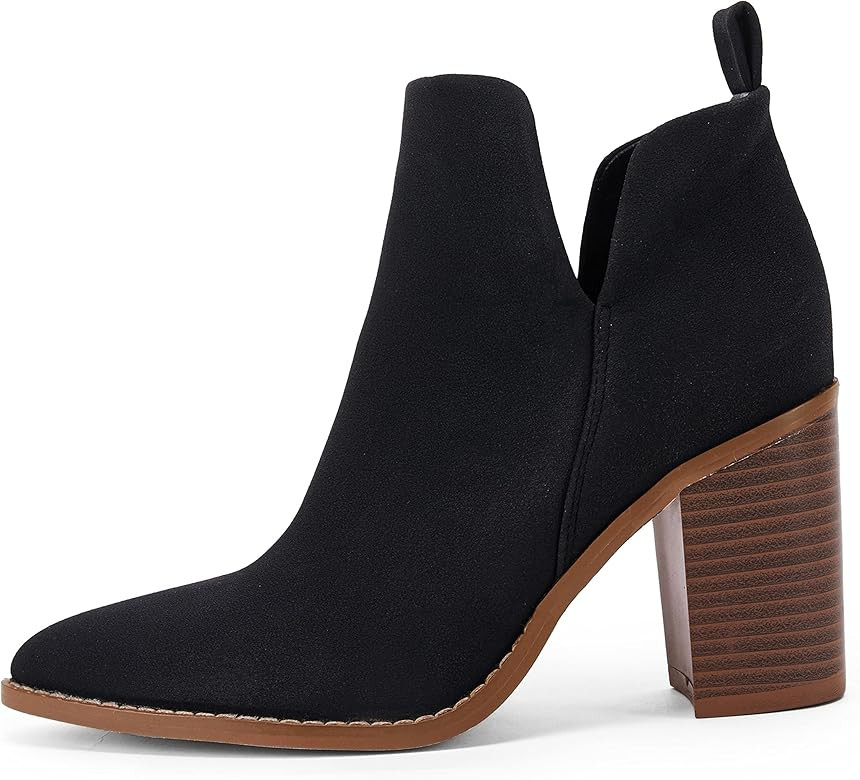 PiePieBuy Women's Side V Cutout Ankle Booties Pointed Toe Chunky Stacked Mid Heel Western Boots | Amazon (US)