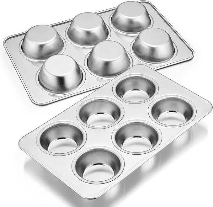 E-far Muffin Pan Set of 2, Stainless Steel Muffin Pan Tin for Baking, 6-Cup Metal Cupcake Pan Tra... | Amazon (US)