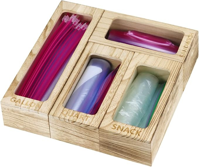 Ziplock Bag Storage Organizer for Drawer-Wood Ziplock Bag Storage Holds Kitchen Drawer or Wall Ha... | Amazon (US)