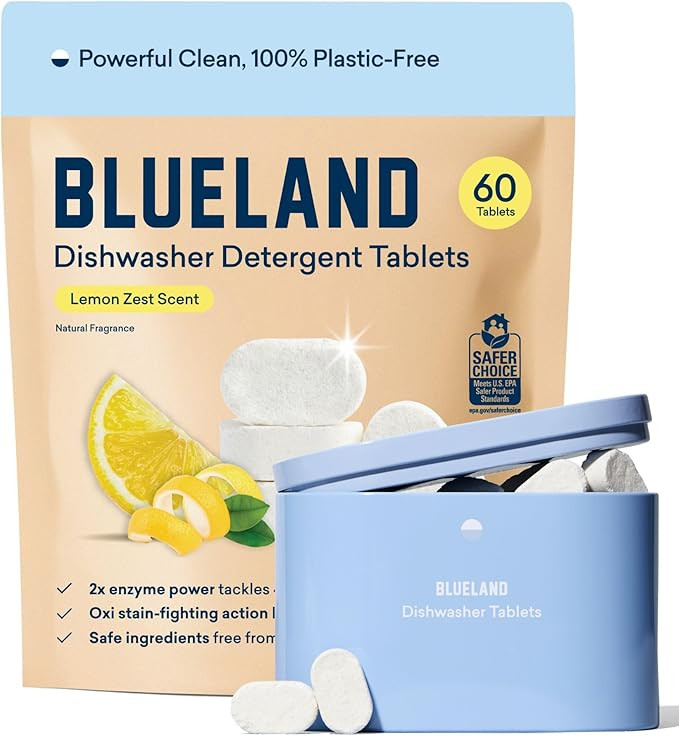BLUELAND 100% Plastic-Free Dishwasher Detergent Tablets, Starter Set, 60 Count with tin, Lemon Ze... | Amazon (US)